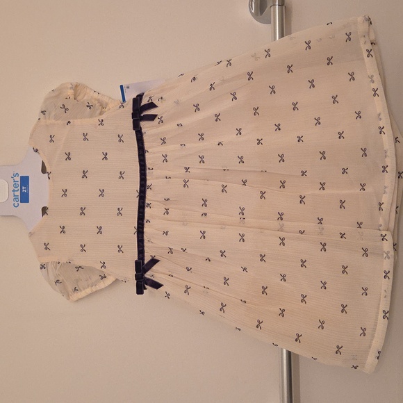 New Carter's Beige Dress with Dark Blue Bow Pattern - Picture 3 of 12